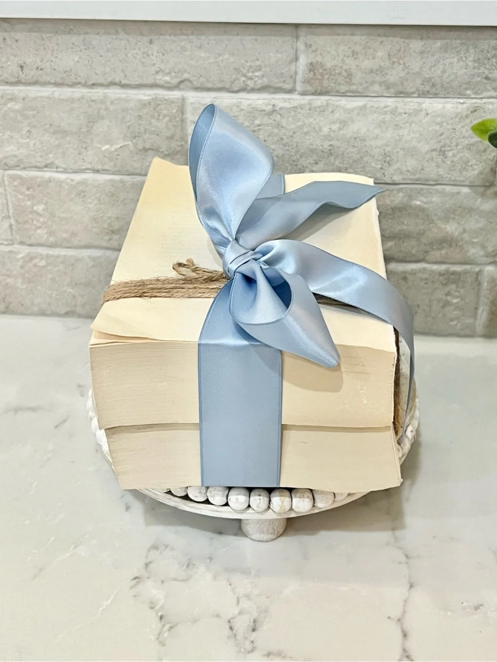 White Decorative real Book Stack with Light Blue Ribbon - Love Always